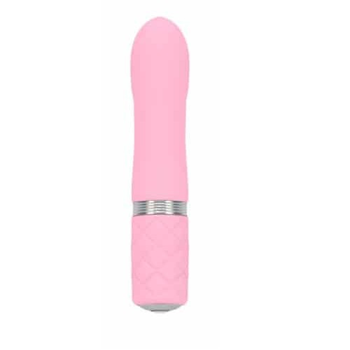 Pink Pillow Talk Flirty bullet vibrator standing straight up on a white background