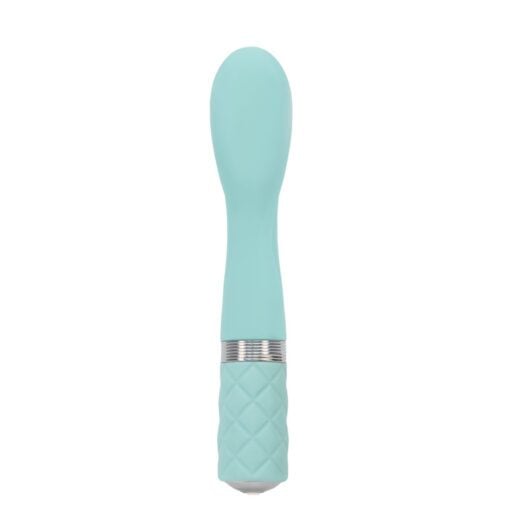 Teal Pillow Talk Sassy g-spot vibrator facing forward on a white background