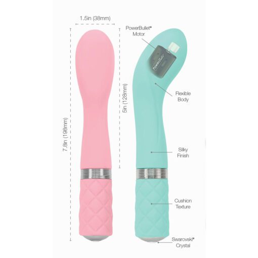 A pink and a teal Pillow Talk Sassy g-spot vibrator showing the dimensions