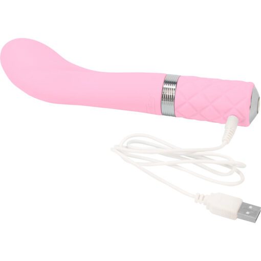 Pink Pillow Talk Sassy g-spot vibrator with it's USB charging cable