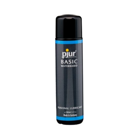 Black bottle of Pjur water based lube on a white background
