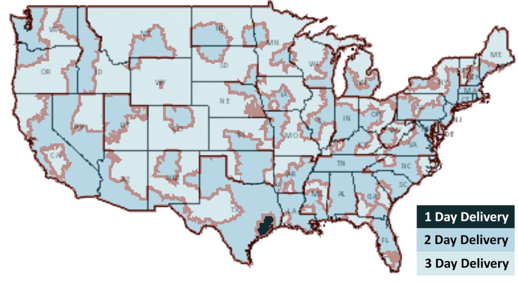 Color coded shipping map to show arrival times in the United States for 1-3 day shipping