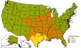 Color coded map showing the time it takes to get to every city