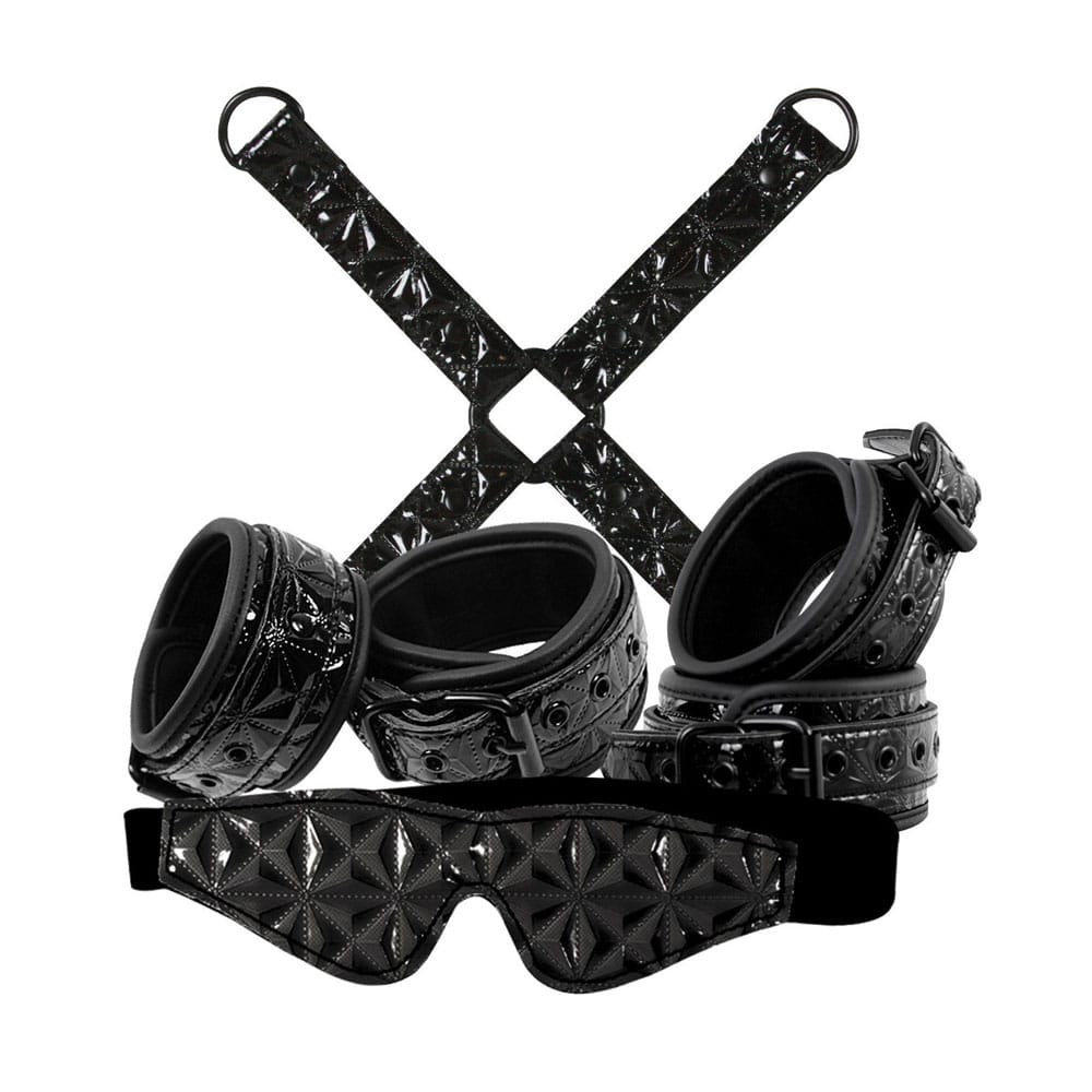 Black Sinful Bondage Kit including handcuffs, feet cuffs and blindfold