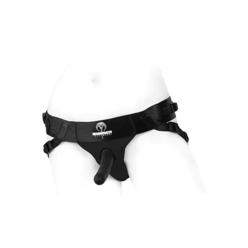 Front view of the Black Spareparts Joque harness with a dildo