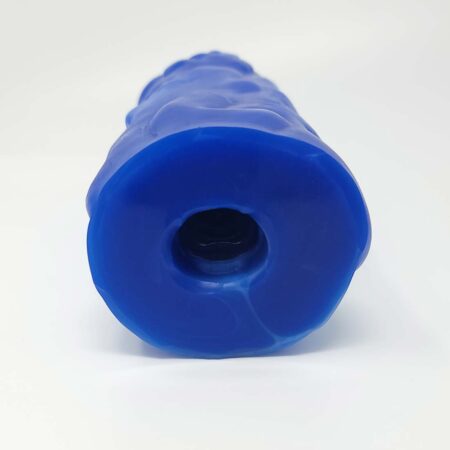 The back opening of a Strange Bedfellas Platinum Silicone Masturbator in BlueÂ 