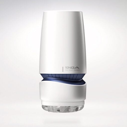 Tenga Aero Cobalt Masterbater standing straight up on a grey background