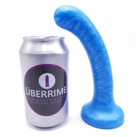 Pegging dildo in blue from uberrime next to a soda can