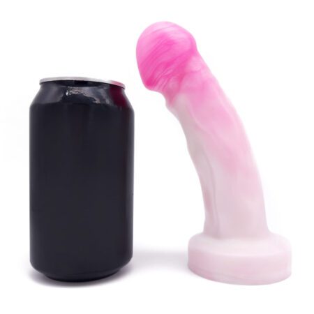 Uberrime Splendid Medium silicone dildo in pink pearl next to a can for comparison