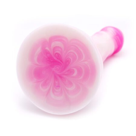 Uberrime Splendid Medium silicone dildo in pink pearl facing backwards to see suction cup