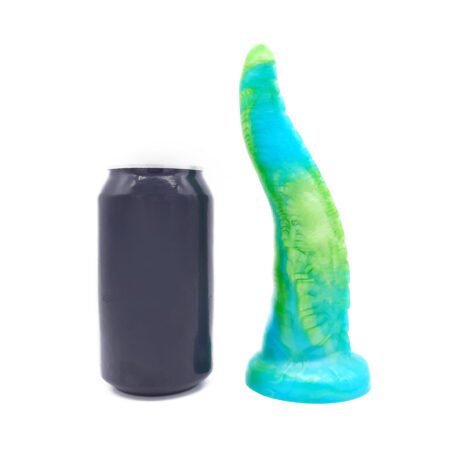 Uberrime Teuthida Small silicone tentical dildo next to a can for comparison