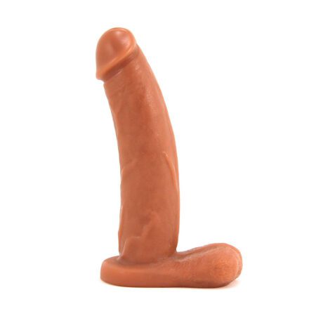 Caramel colored Vixen Bandit dual density,  platinum silicone dildo standing straight up on a white background