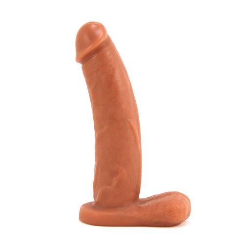 Caramel colored Vixen Bandit dual density,Â  platinum silicone dildo standing straight upÂ on a white background