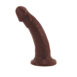 Chocolate colored Vixen Mustang dual density,  platinum silicone dildo for g-spot and prostate massage standing straight up on a white background