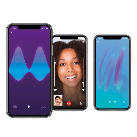 Three phones with each showing different screens of the We-Vibe Mobile App
