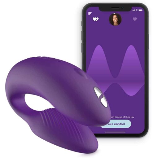 Purple We-Vibe Chorus couples vibrator with a phone showing the bluetooth and app controlÂ 