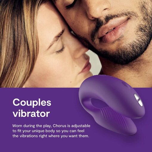 Purple We-Vibe Chorus couples vibrator feature guide with text stating how adjustable it is and that it can be worn during the dayÂ 