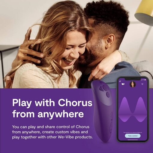 Purple We-Vibe Chorus couples vibrator feature guide with text stating that the smart phone app allows you to control the product from anywhere