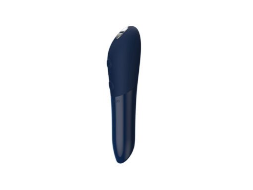 Closeup of a blue colored We-Vibe Tango X bullet vibrator charging cable facing down