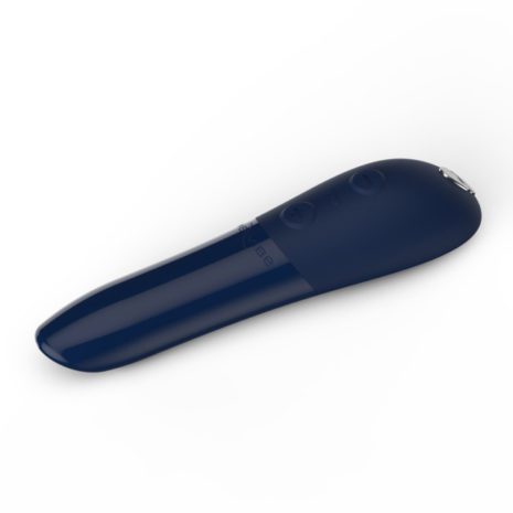 Closeup of a blue colored We-Vibe Tango X bullet vibrator charging cable facing left