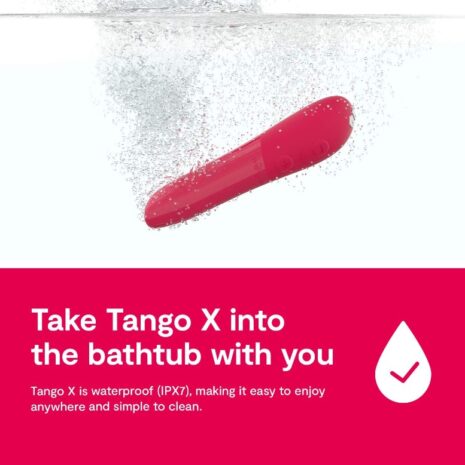 Cherry Red colored We-Vibe Tango X bullet vibrator being dropped in water with text saying Take Tango X into the bathtub with you