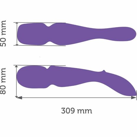 Two [urple We-Vibe Wand app controlled and bluetooth vibrators facing both directions with the dimensions showing its length, width, and height