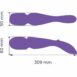 Two [urple We-Vibe Wand app controlled and bluetooth vibrators facing both directions with the dimensions showing its length, width, and height