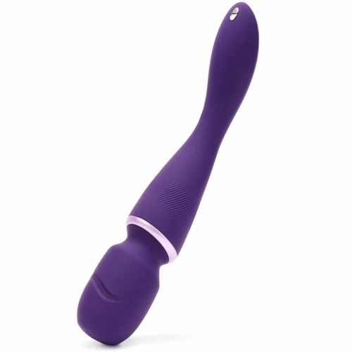 Purple We-Vibe Wand app controlled and bluetooth vibrator pointing diagonally down and backwards on a white background