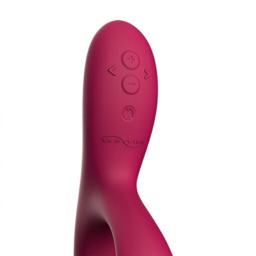 Closeup of a purple We-Vibe Nova 2 rabbit and g-spot vibrator showing the buttons