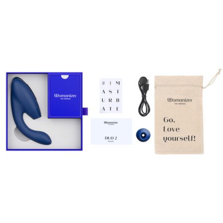 Product contents inside the box of the Womanizer Duo Vibrator in Blue