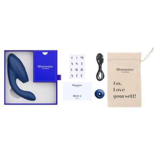 Product contents inside the box of the Womanizer Duo Vibrator in Blue