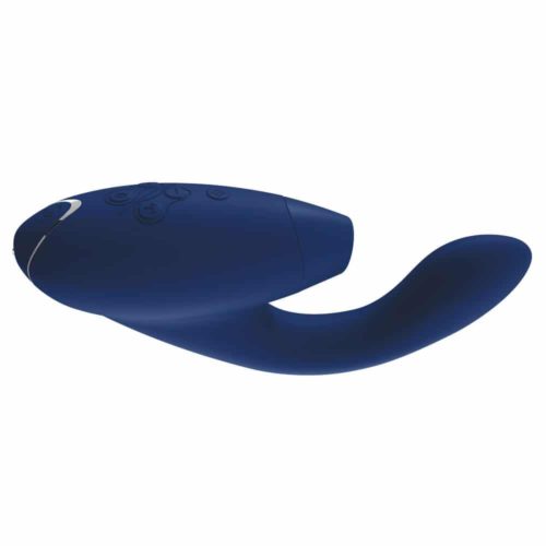 Side view of the blueberry colored Womanizer Duo dual stimulation air pulse and g-spot vibrator on a white background