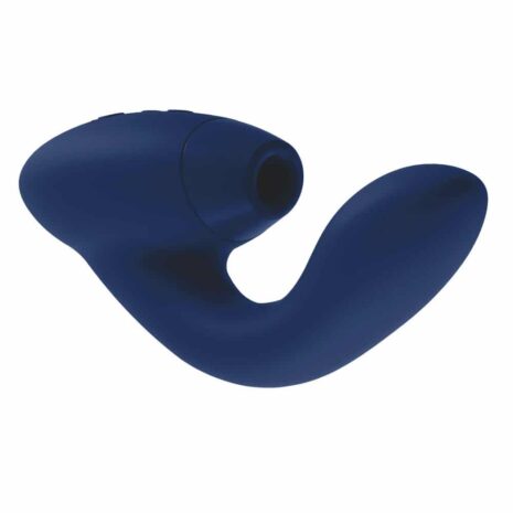 Diagonal view of the blueberry colored Womanizer Duo dual stimulation air pulse and g-spot vibrator on a white background