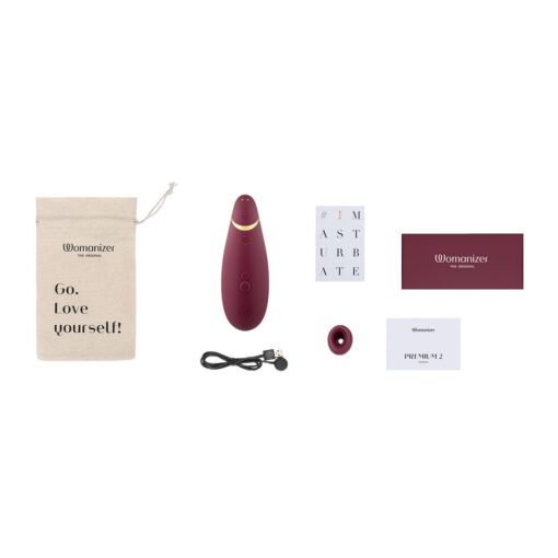 All of the box contents of the Bordeaux Womanizer Premium 2 Air Pulse Vibrator